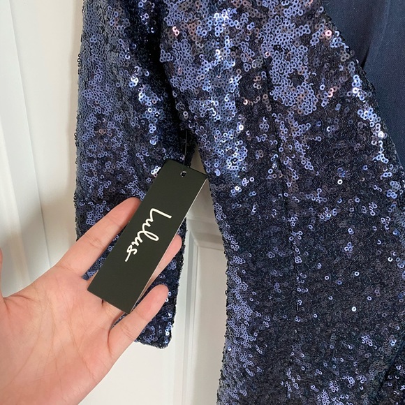 Lulu's Sequin Long Sleeve Bodycon Dress, Navy, XS - Picture 3 of 5
